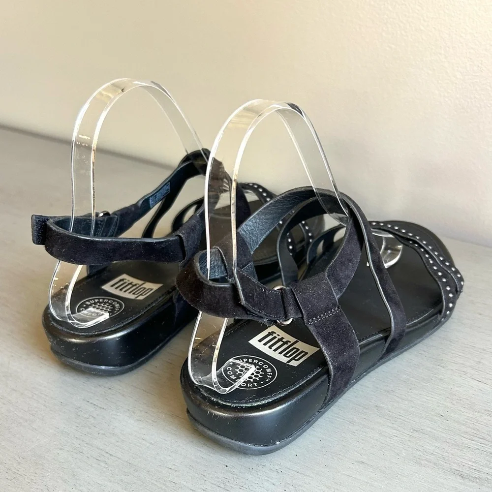FitFlop Lumy Women Black Strappy Suede Studded Wedge Sandals Sz 8 Comfort